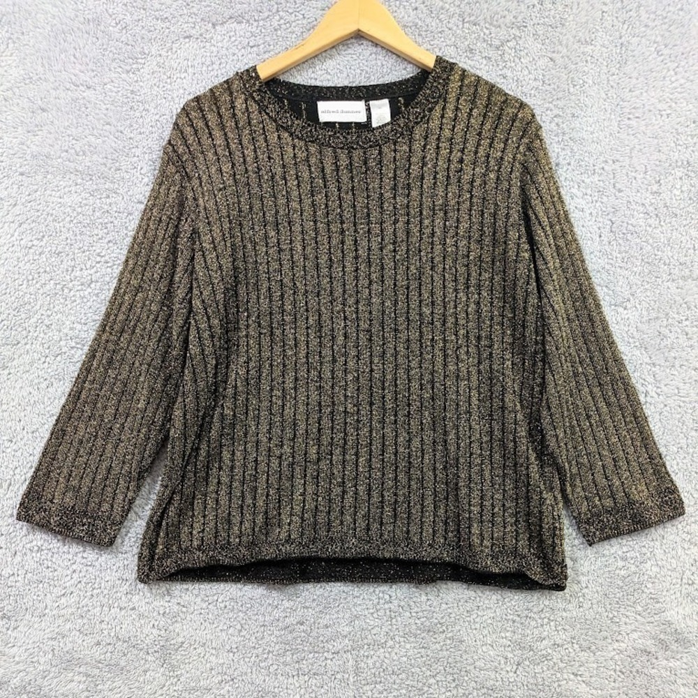 Alfred Dunner Sweater Women's‎ XL Gold Sparkle Metallic 3/4 Sleeve Ribbed Knit